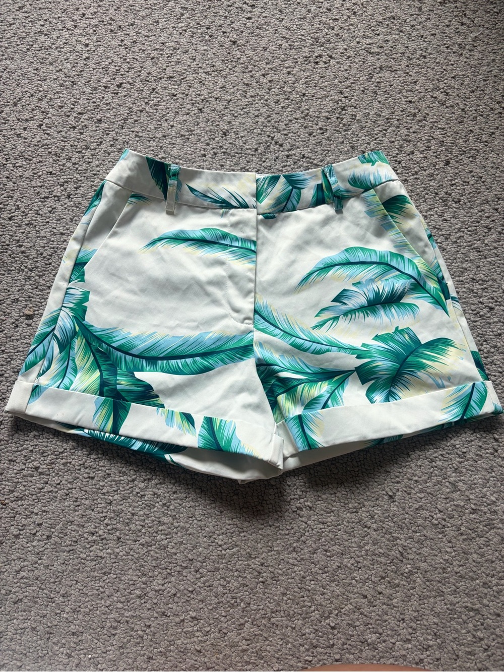Tropical Print Women’s Summer Shorts - White with Green Palm